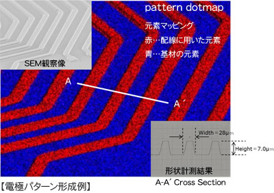 電極パターン形成例 元素マッピングを行い、配線に用いた元素と基材の元素を色分けして表示。